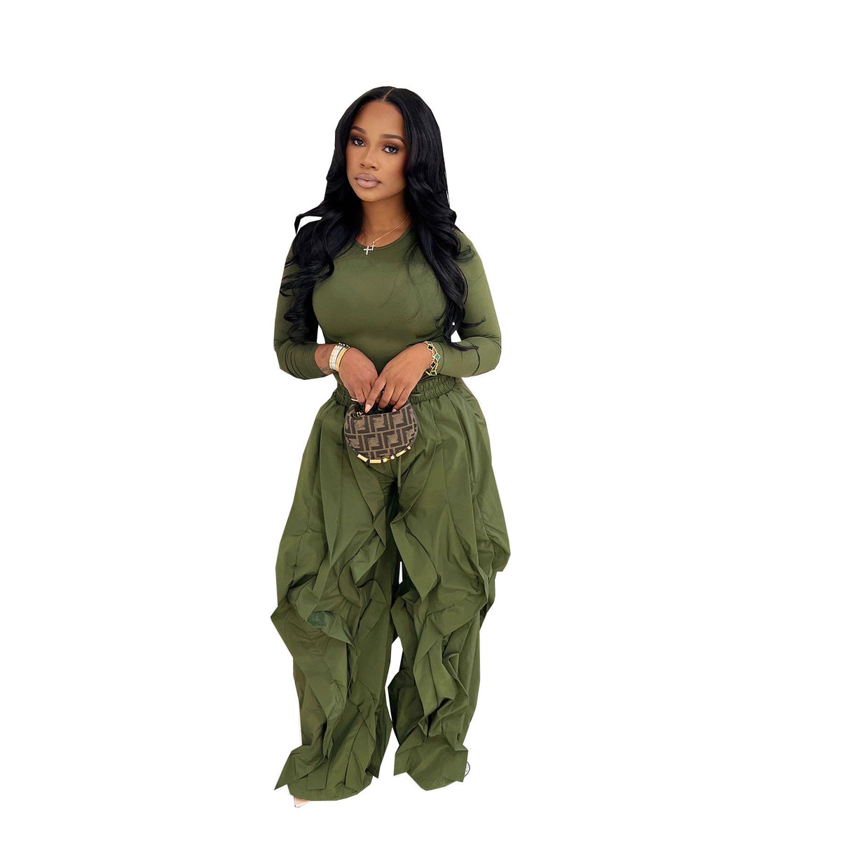 Women's Slim Fit Top with Wide Leg Patchwork Lace Pants, Casual Office Outfit for Autumn and Winter