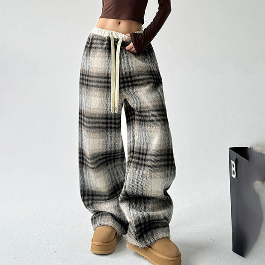 Women’s High-Waisted Plaid Wide-Leg Pants | Trendy Check Pattern Trousers with Drawstring | Casual Loose Fit Plaid Pants with Pockets | High-Sense Vintage British Style Trousers | 2026 Autumn/Winter Fashion Bottoms