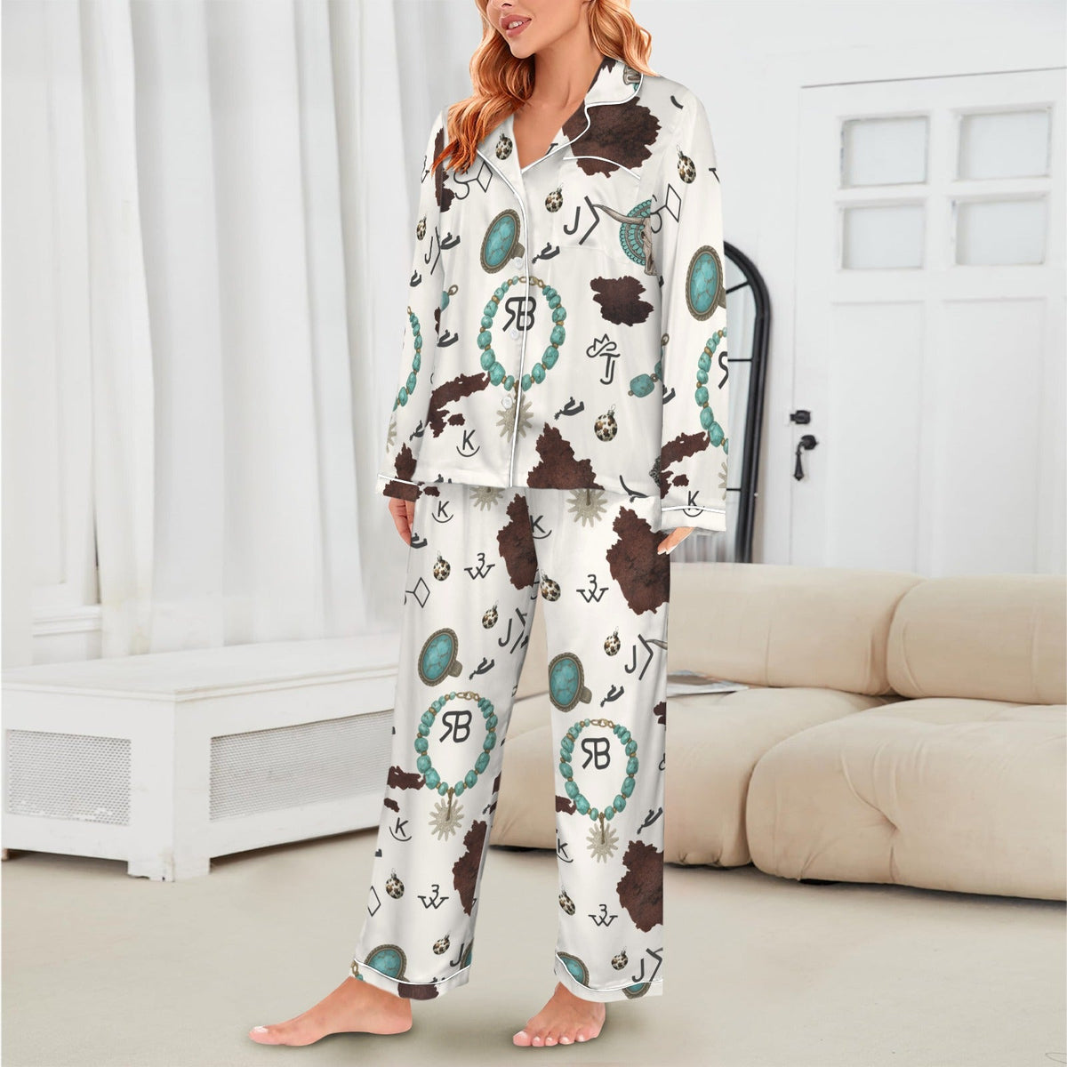 Baha Ranch Brands & Turquoise Cowgirl Christmas Western Cowprint Satin Pajamas