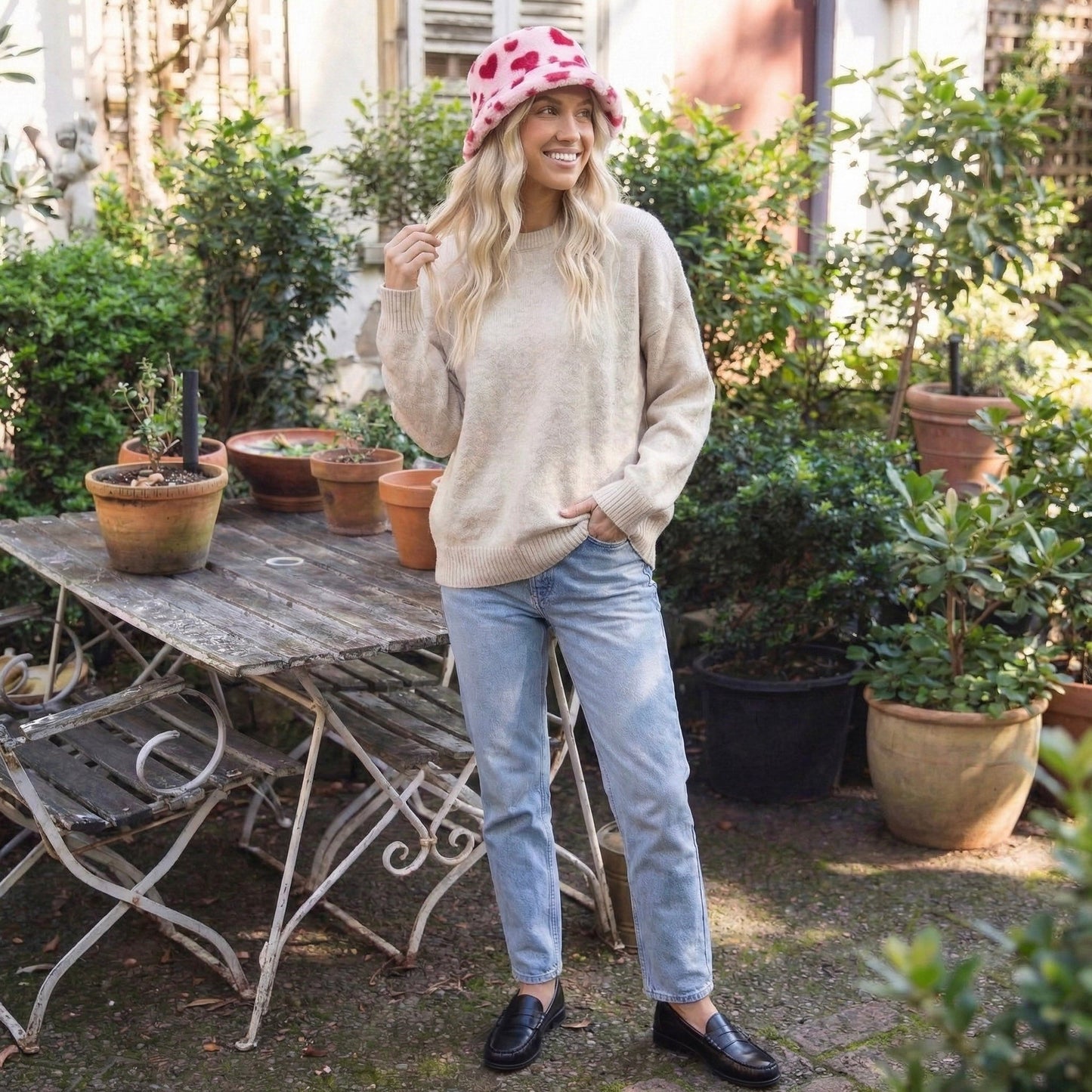Anna-Kaci Valentine Plush Heart Pattern Bucket Hat Soft Texture Cozy Winter Style