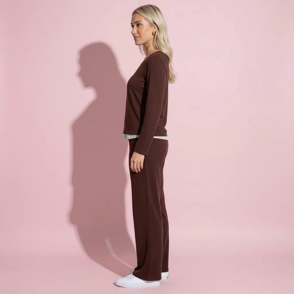 Anna-Kaci Women's 2-Piece Set Soft Knit Long Sleeve Top and Relaxed Fit Lounge Pants