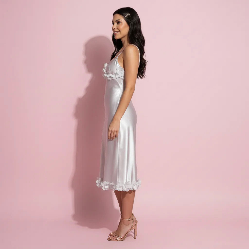Anna-Kaci Lounge Women's Satin Midi Slip Dress with 3D Floral Trim Bodice and Ruffled Hem Detail for a Soft Sculpted Silhouette