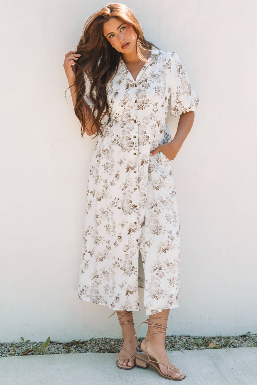 Threaded Pear Iliana Floral Puff Sleeve V Neck Buttoned Front Maxi Dress