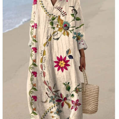 Women’s Printed Long-Sleeve Maxi Dress | Elegant Wide V-Neck Bohemian Gown | Flowy Patterned A-Line Floor-Length Dress | Sophisticated Floral/Geometric Summer Maxi | 2026 Modest Fashion Gown