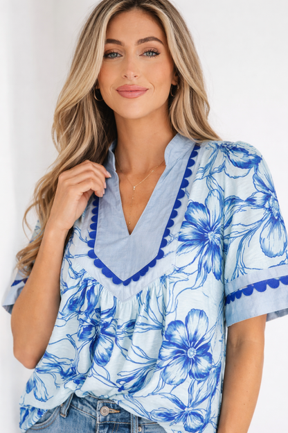 Threaded Pear Elowen Short Sleeve Floral Blouse
