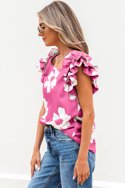 Threaded Pear Mazie Floral Ruffled Short Sleeve Blouse