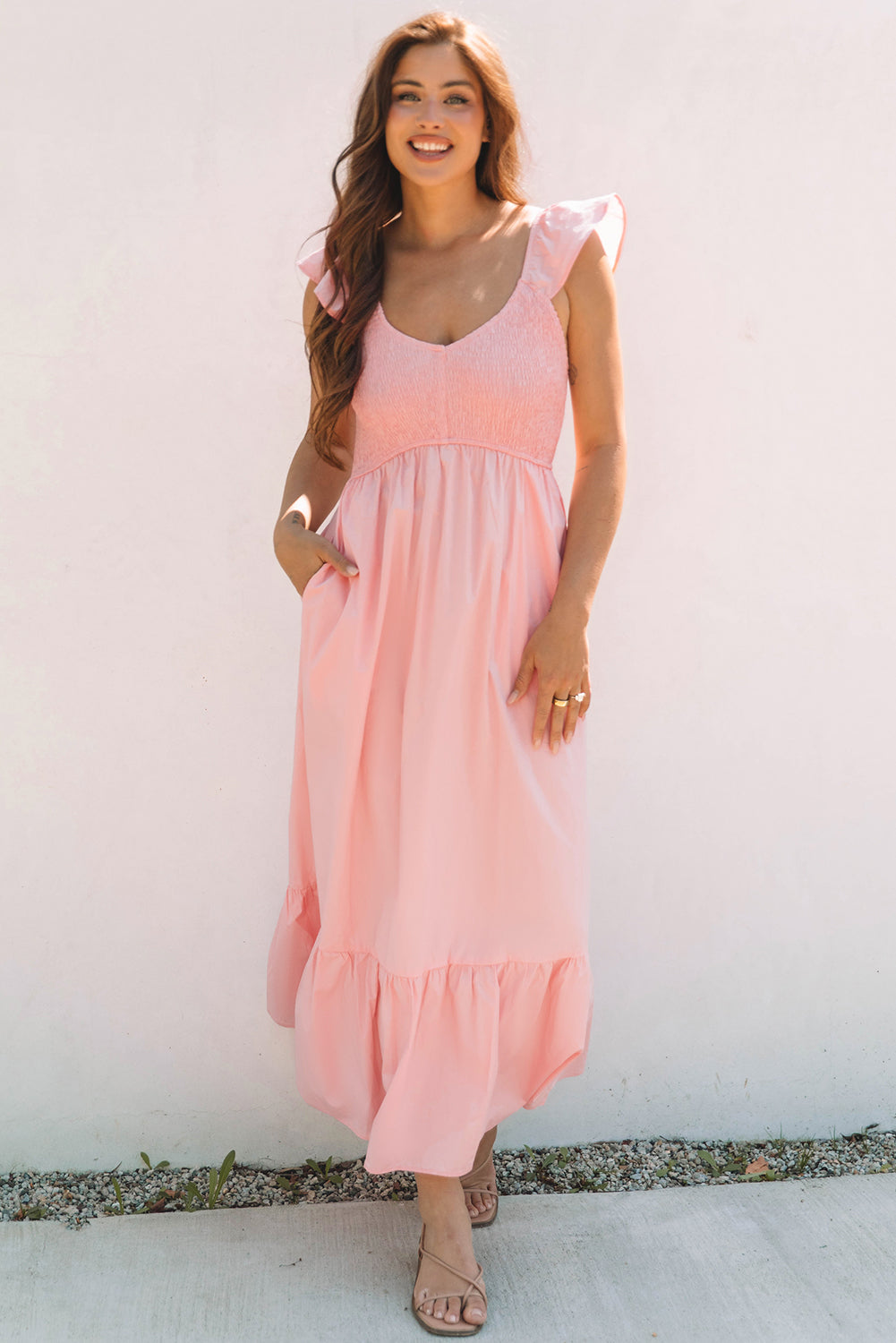 Threaded Pear Ashlyn Flutter Sleeve Smocked Bodice Maxi Dress
