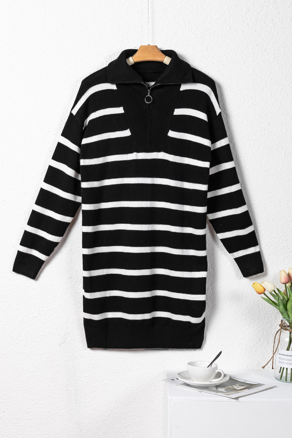 Threaded Pear Iris Striped Zip Collared Loose Sweater Mini Dress
