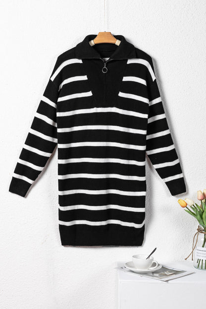 Threaded Pear Iris Striped Zip Collared Loose Sweater Mini Dress