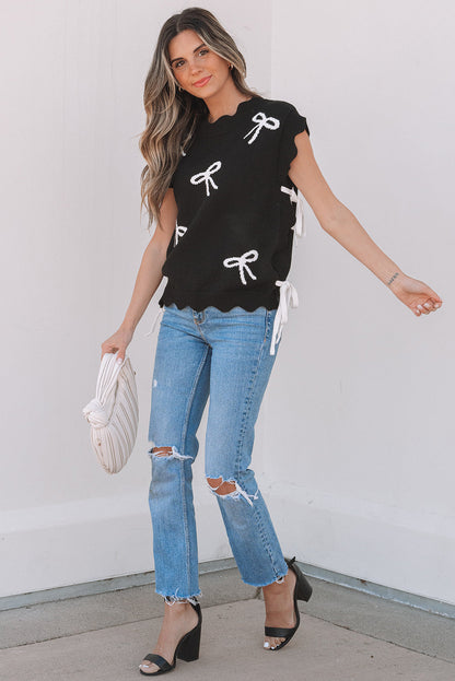 Threaded Pear Dayana Bow Print Side Ties Sweater Top