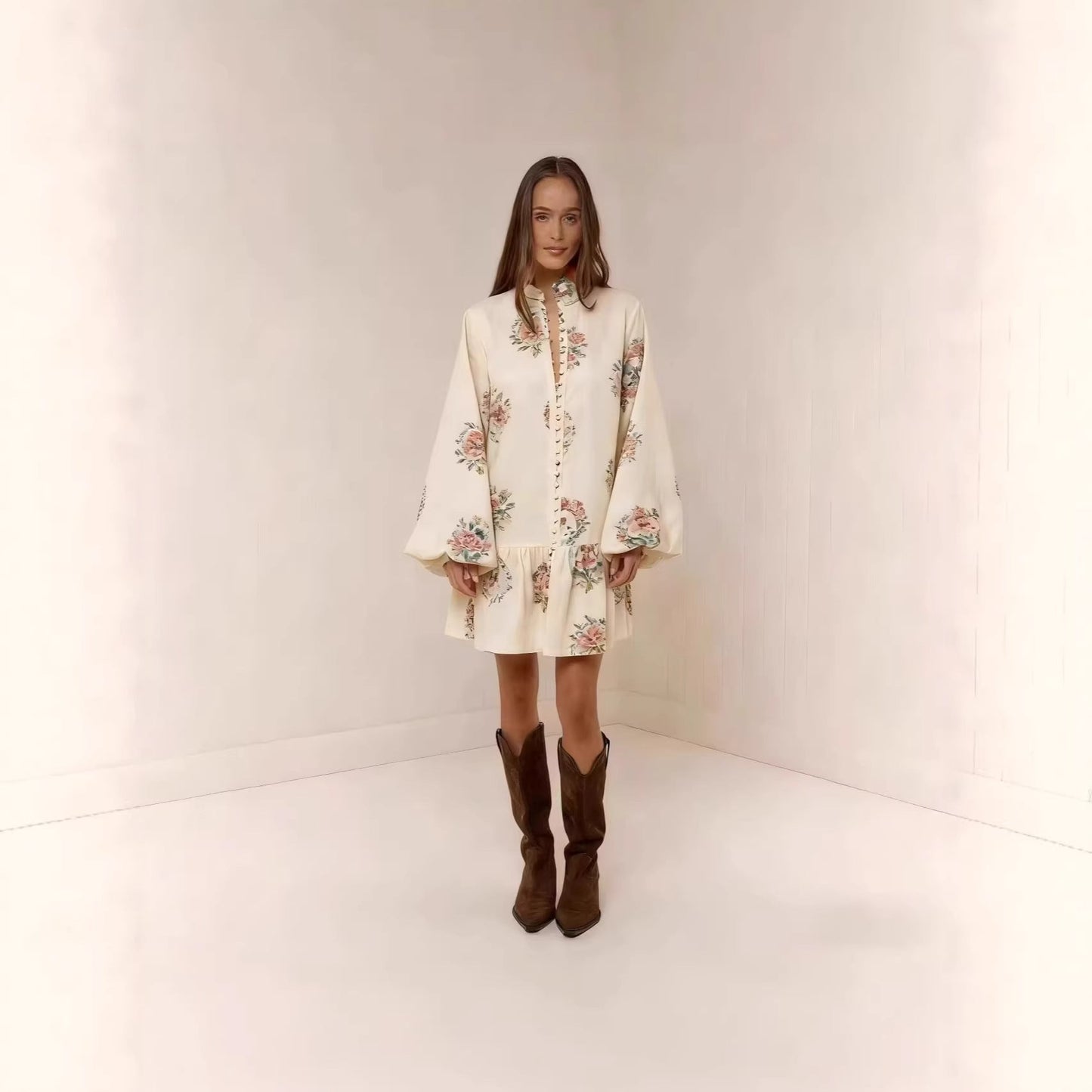 Digital Print Lantern Sleeve Linen Midi Dress – Loose Fit Pullover