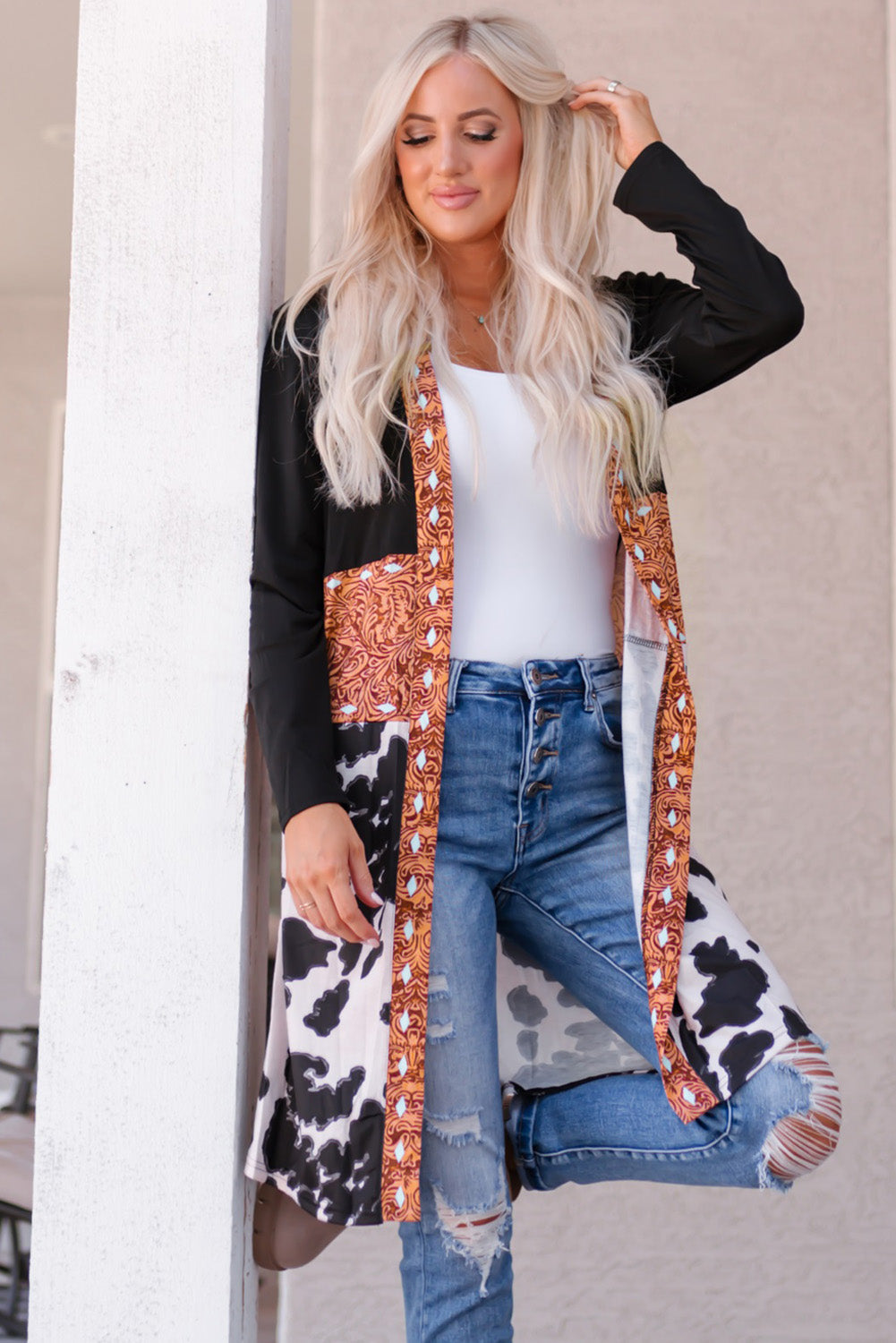 Threaded Pear Madison Patchwork Open Front Cardigan