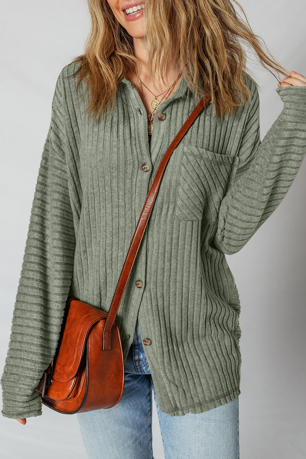 Threaded Pear Lucia Ribbed Texture Button Up Shacket
