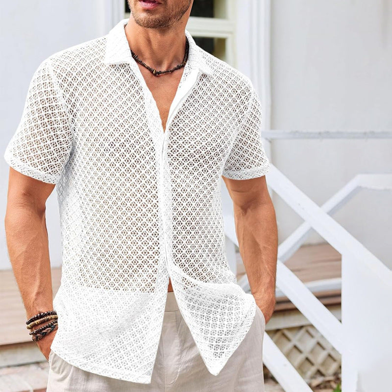 Men’s Summer Mesh Short-Sleeve Shirt | Fashion Solid Color Lapel Beach Shirt | High-Sense Breathable Mesh Knit Top | Trendy Minimalist See-Through Resort Wear | 2026 High-Fashion Lightweight Men’s Clothing