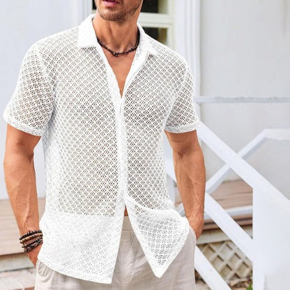Men’s Summer Mesh Short-Sleeve Shirt | Fashion Solid Color Lapel Beach Shirt | High-Sense Breathable Mesh Knit Top | Trendy Minimalist See-Through Resort Wear | 2026 High-Fashion Lightweight Men’s Clothing