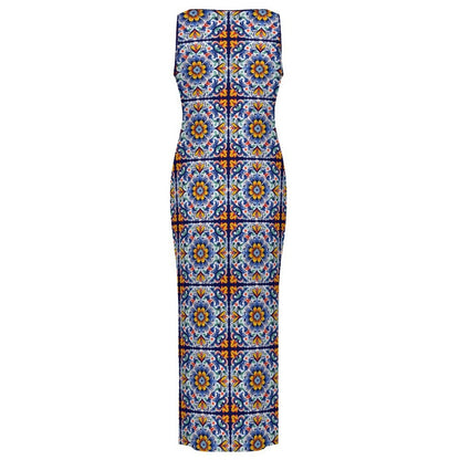 Baha Ranch Colores de Mexico Talavera Sleeveless Bodycon Side Slit Long Dress