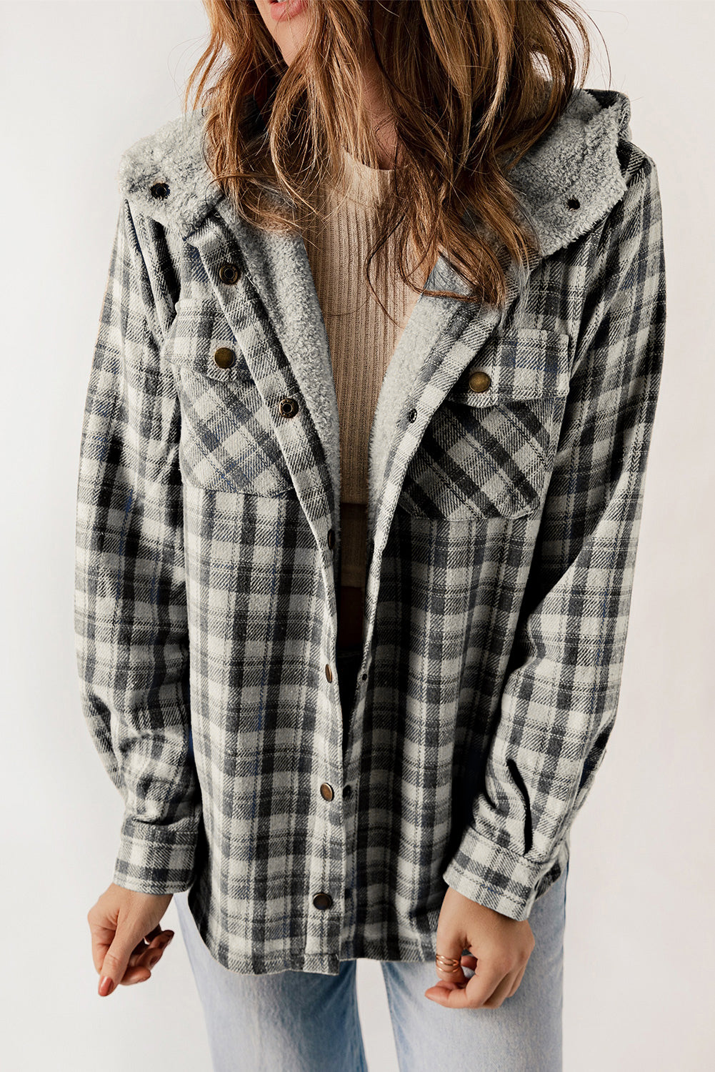 Threaded Pear Evelyn Sherpa Lined Hooded Shacket