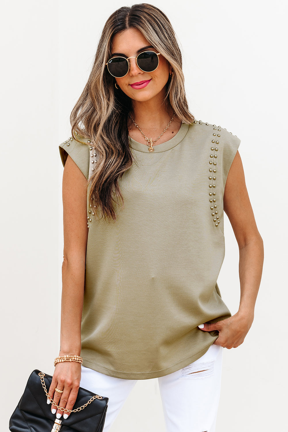 Threaded Pear Julietta Studded Cap Sleeve Round Neck Top