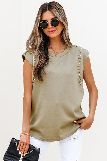 Threaded Pear Julietta Studded Cap Sleeve Round Neck Top