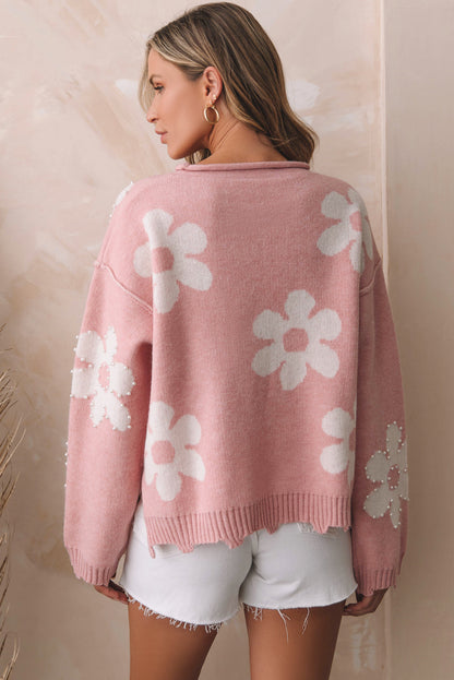Threaded Pear Jaycee Pearl Beaded Floral Drop Shoulder Sweater