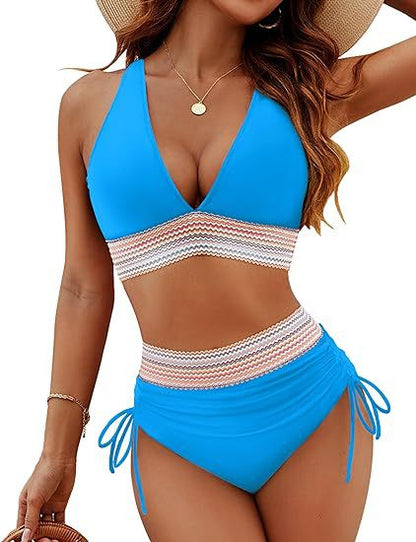 Fashion Womens High Waist Bikini Set Two Piece Swimsuit Solid Color