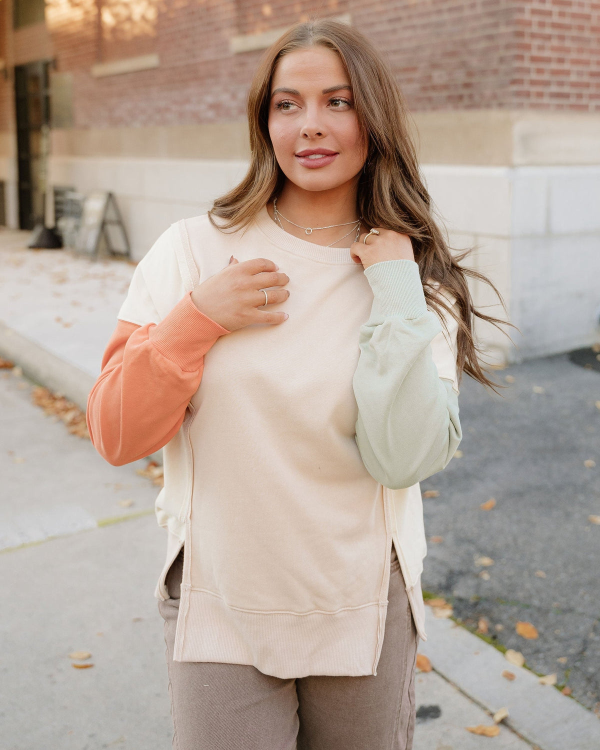 Evelyn Colorblock Patchwork Split Hem Casual Sweatshirt