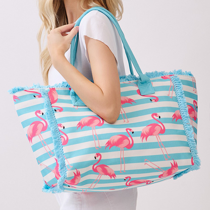 Flamingo Stripe Fringe Tote Blue