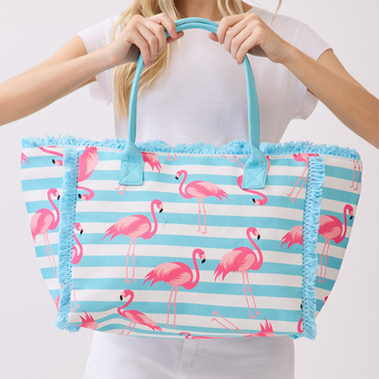 Flamingo Stripe Fringe Tote Blue