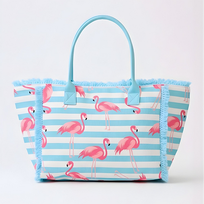 Flamingo Stripe Fringe Tote Blue