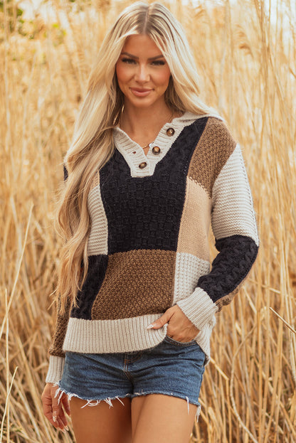 Threaded Pear Paige Cable Knit Sleeve Buttons Collared Sweater