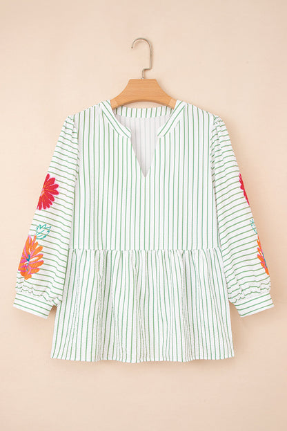 Threaded Pear Ashley Stripe Flower Puff Sleeve V Neck Babydoll Blouse