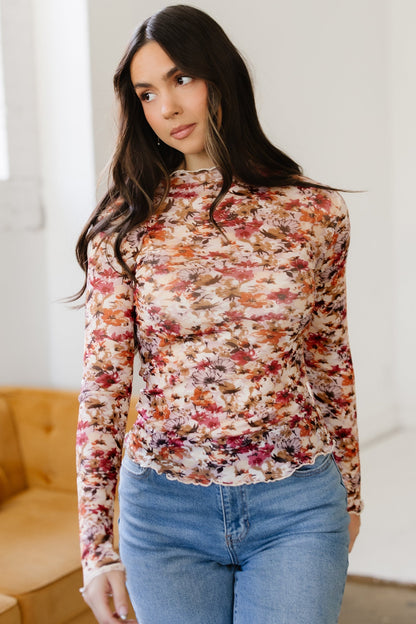 Threaded Pear Virginia Floral Print Mesh Long Sleeve Top