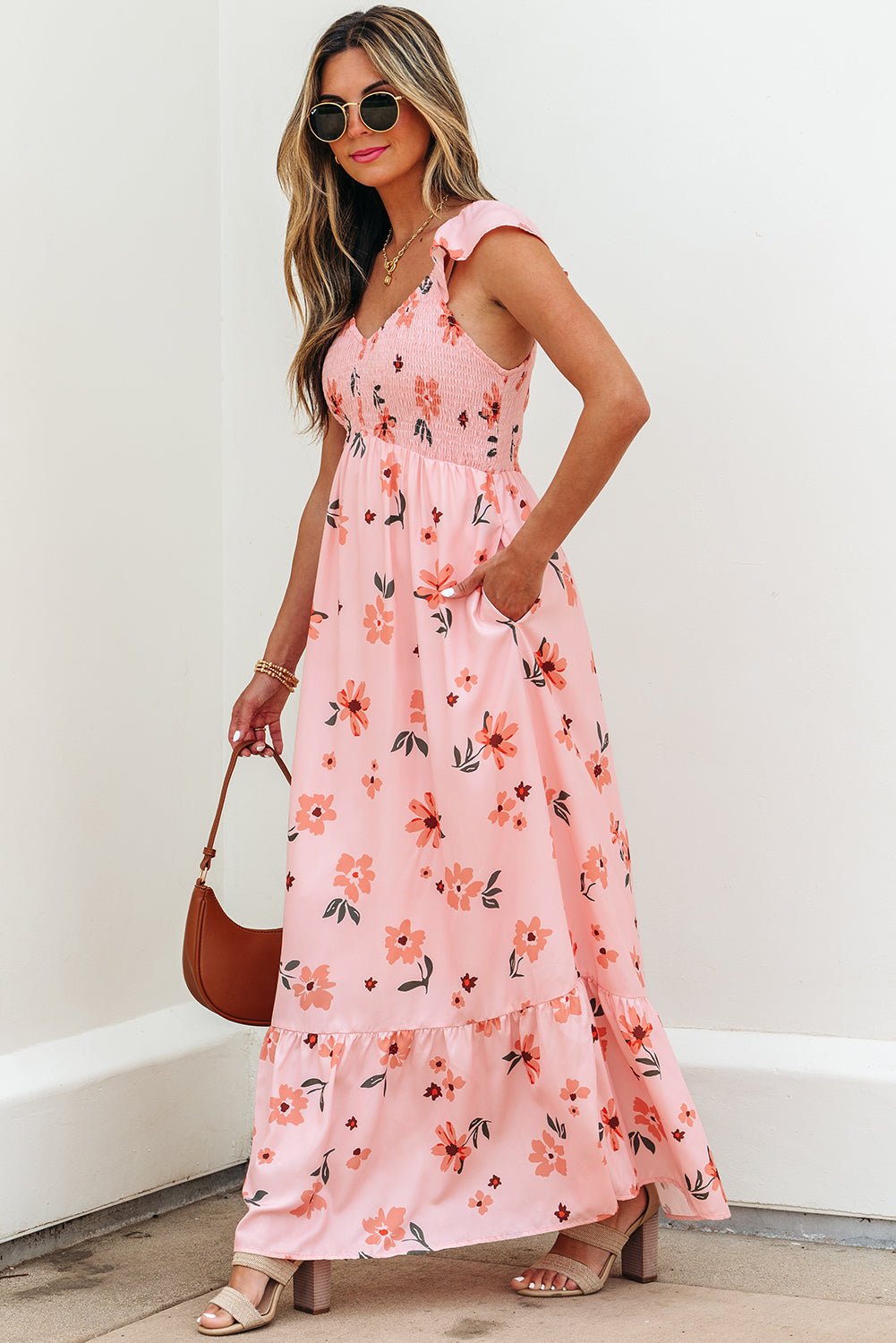 Threaded Pear Clare Floral High Waist Ruffle Hem Long Dress