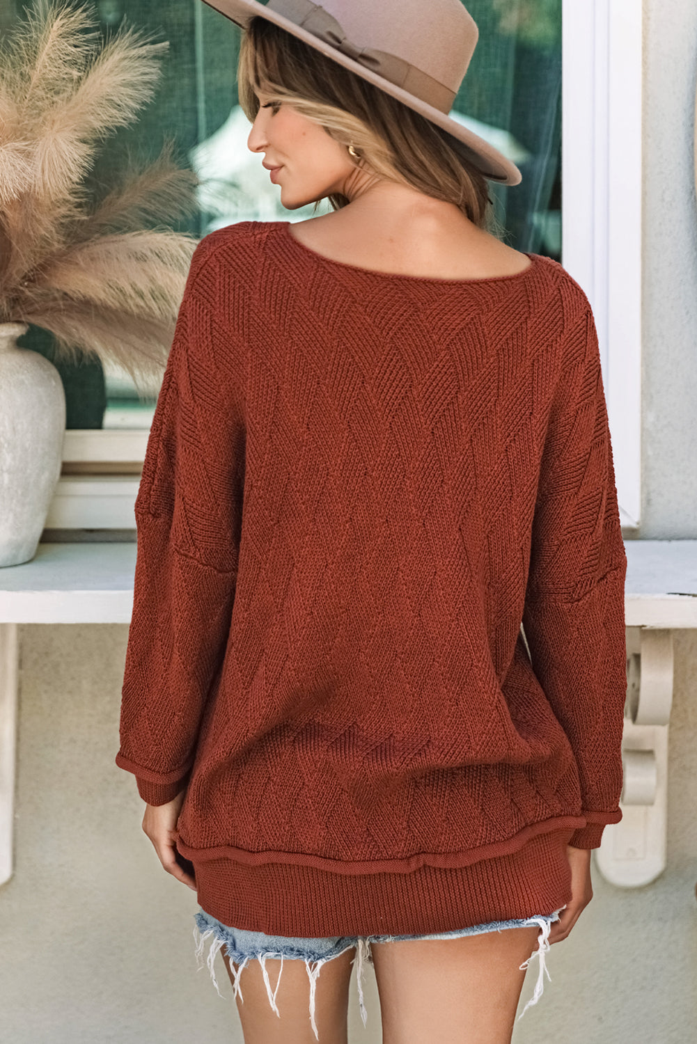 Threaded Pear Hayden Textured Crew Neck Loose Sweater