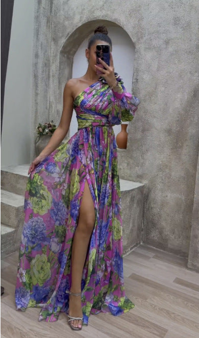 Floral Print Split Maxi Dress Fashion One-shoulder Long-sleeved Dresses Summer Beach Clothing For Women