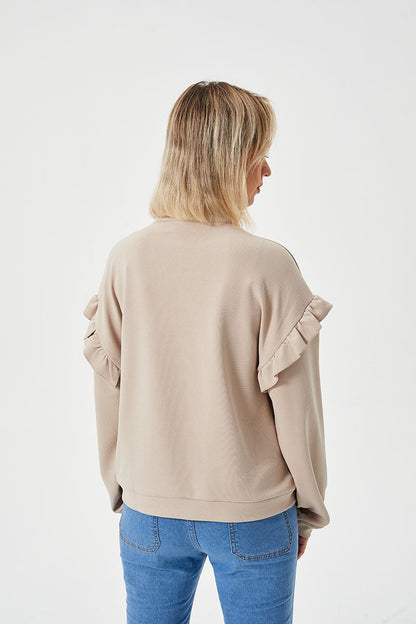 Women’s Casual Ruffle Trim Half-Zip Sweatshirt | Trendy Frill Detail Quarter-Zip Pullover | Elegant Long Sleeve Sporty Sweatshirt | Modern Loose Fit Ruffled Jumper | 2026 Stylish Fall/Winter Streetwear