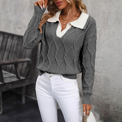 🧶 Women’s Lapel V-Neck Color-Block Long-Sleeve Pullover Sweater