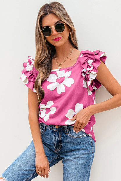 Threaded Pear Mazie Floral Ruffled Short Sleeve Blouse