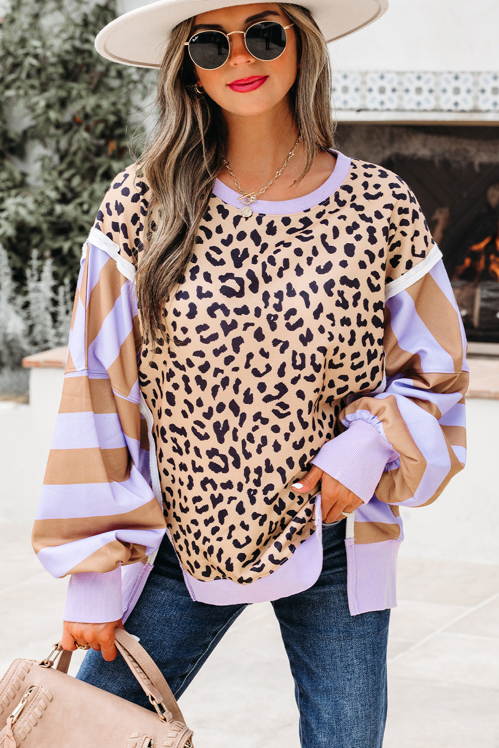 Threaded Pear Olivia Stripe Leopard Casual Sweatshirt