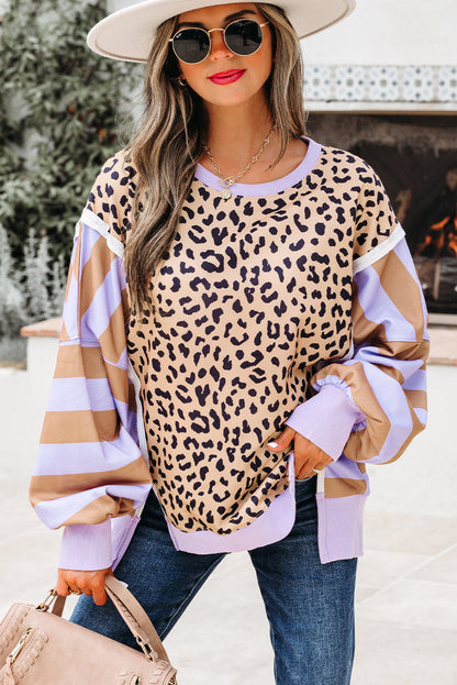 Threaded Pear Olivia Stripe Leopard Casual Sweatshirt