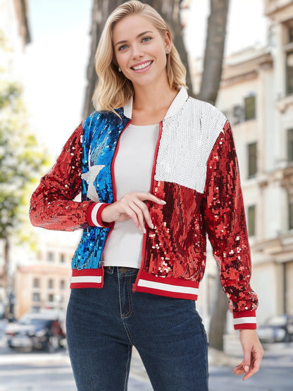 Sequin American Flag Bomber Zip-Up Jacket Flag
