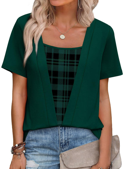 Womens Trendy 2 in 1 Blouses Short Sleeve Shirts Casual Beach Vacation Clothes