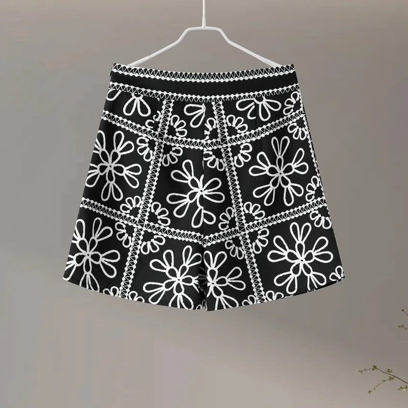 Fashion Casual Print Color-block Cotton Coat  Shorts Set