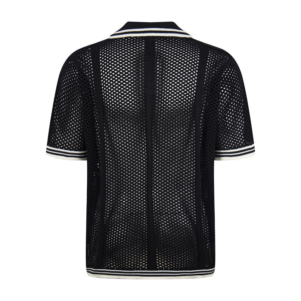 Hollow mesh V-neck polo shirt top