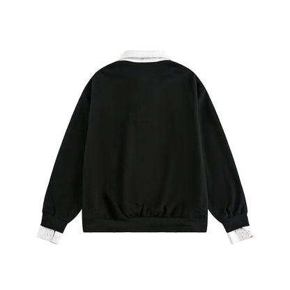 Checkered Spliced Mock Two-Piece Old Money Style Polo Neck Pullover Hoodie