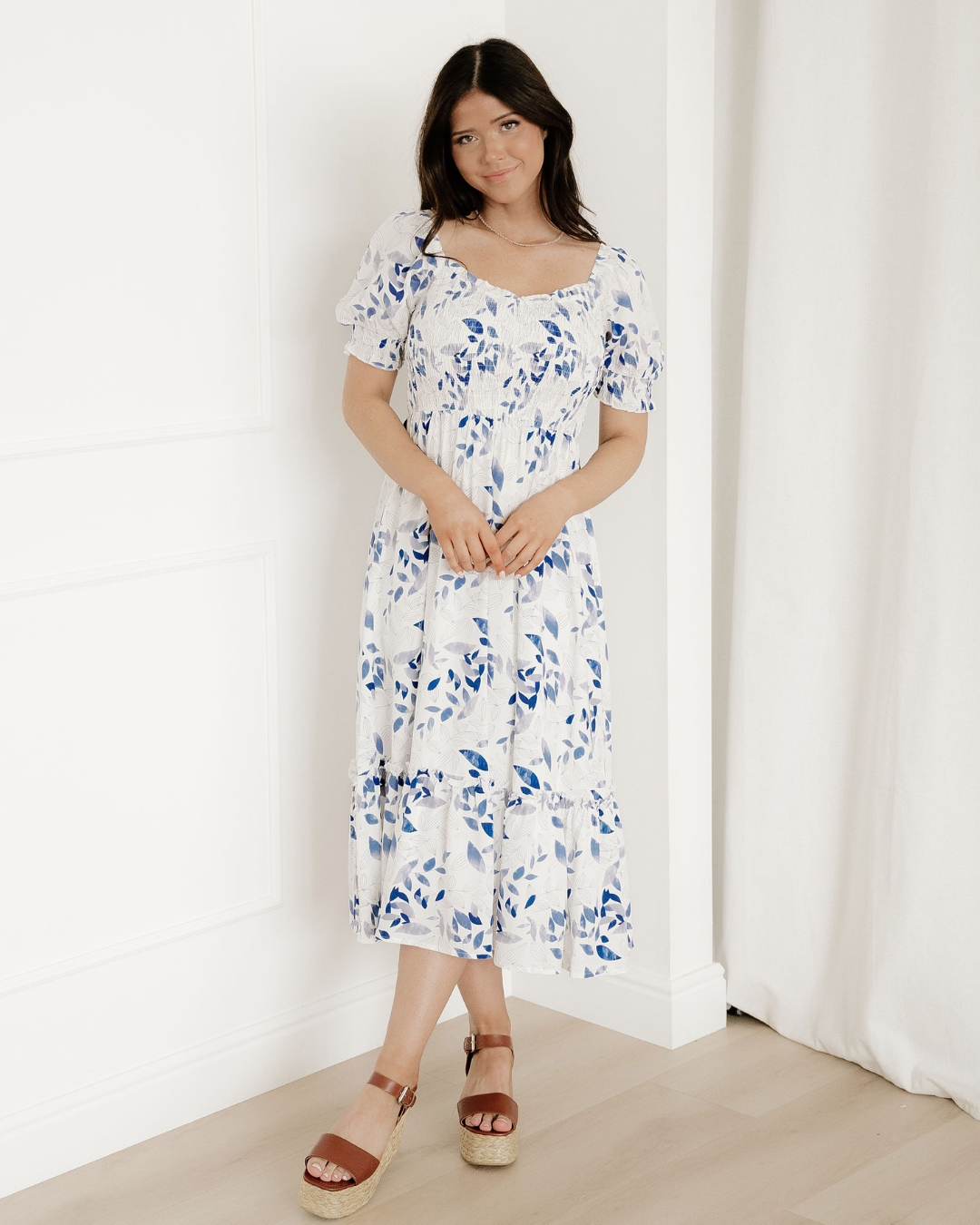 Faith Smocked Bodice Short Puff Sleeve Tiered Floral Midi Dress