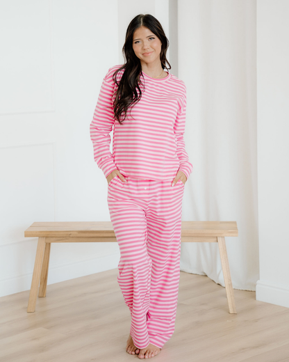 Amayah Stripe Drop Shoulder Round Neck Top and Buttoned Straight Pants Two Piece Set