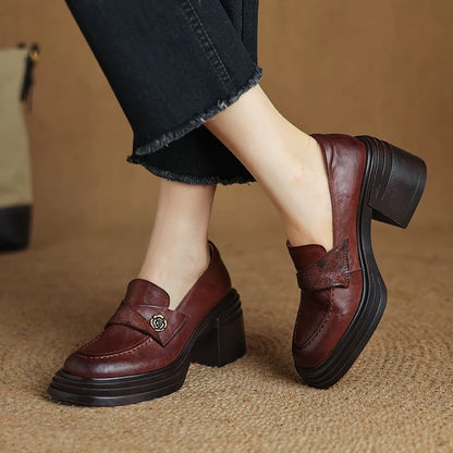 Women’s Vintage Chunky Heeled Leather Shoes | Luxury Square-Toe Block Heel Pumps | Elegant Professional Work Shoes for Women | Trendy Retro High-Heel Loafers | 2026 High-Fashion Durable Leather Footwear