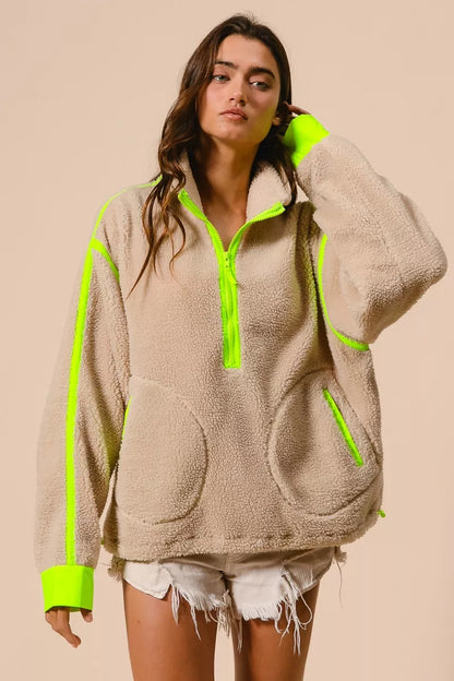 BiBi Contrast Edge Half Zip Up Sherpa Jacket