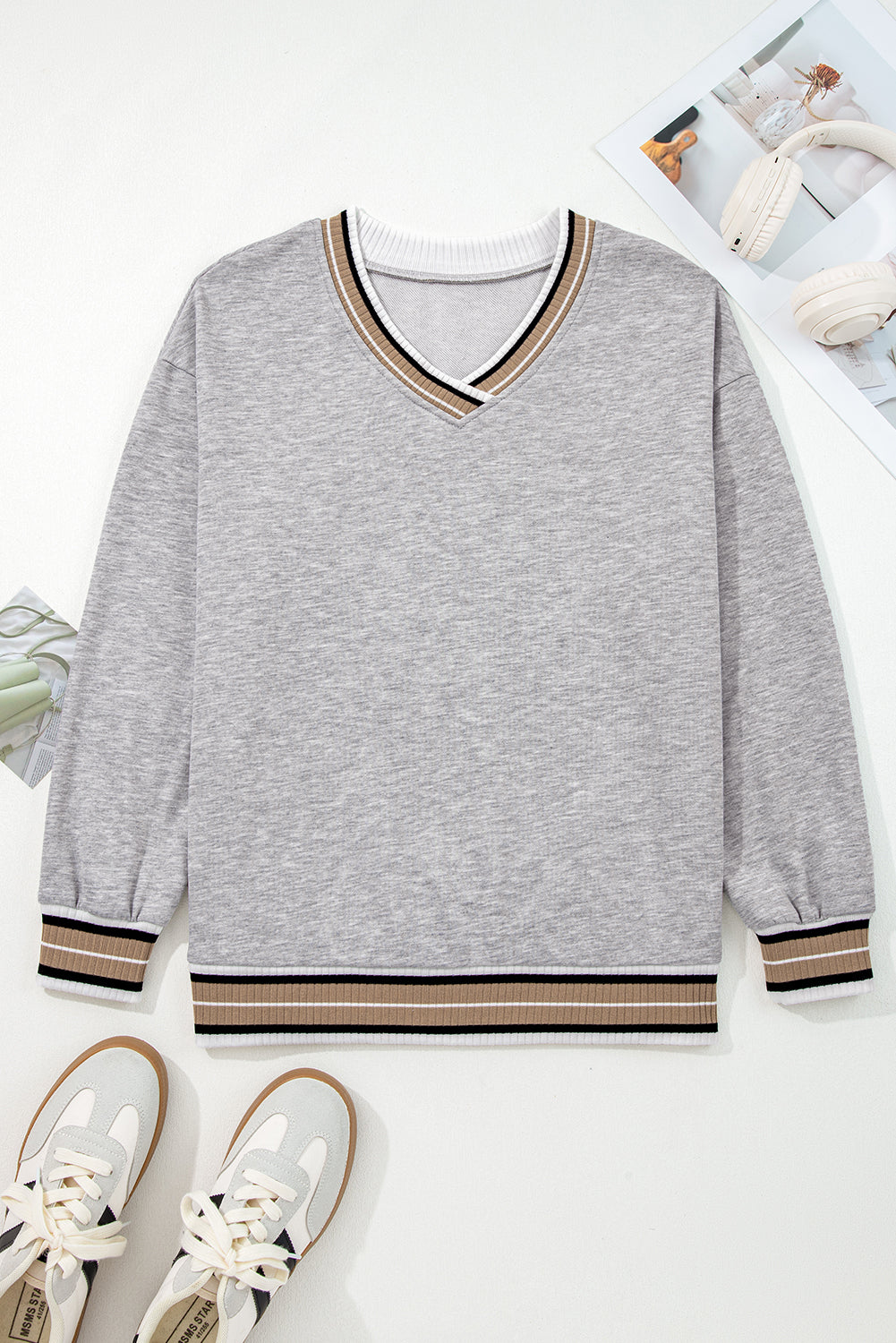 Threaded Pear Harlee Contrast Striped Trim Sweatshirt